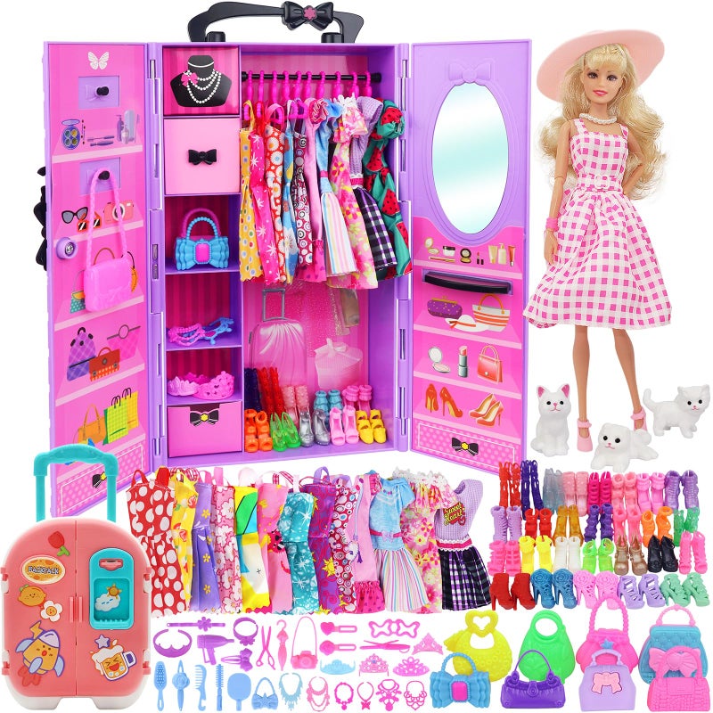 K. T. Fancy K.T. Fancy 83 Pcs Dolls & Accessories with Doll Closet Wardrobe for 11.5 Inch Doll Dress Up Set Including Wardrobe Shoes Wallet Dress Hangers Brush Necklace Pet and Other Accessories (No Doll) - Image 1